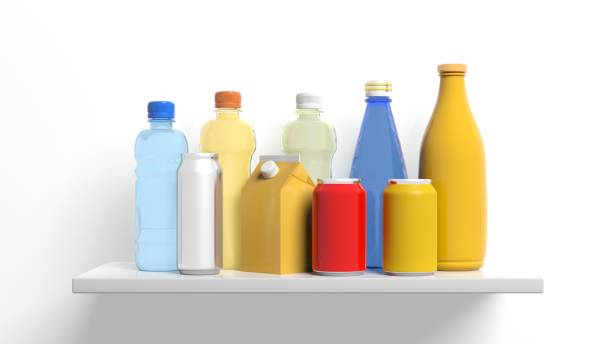 Group of beverages packages on a shelf. 3d illustration