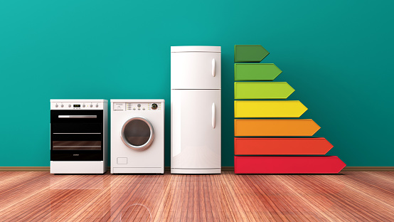 Home appliances and energy efficiency ranking. 3d illustration