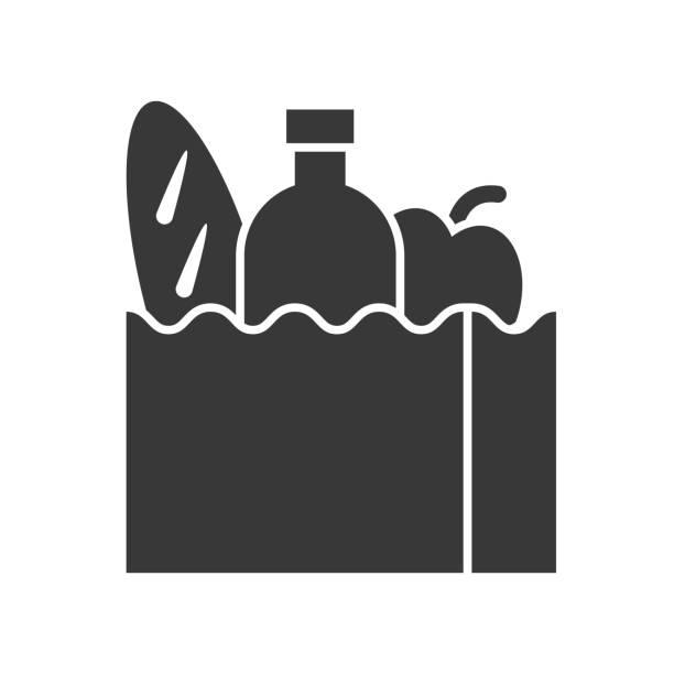 ilustrações de stock, clip art, desenhos animados e ícones de grocery bag with bread, water bottle and apple, food and beverage set, glyph design icon - gêneros alimentícios