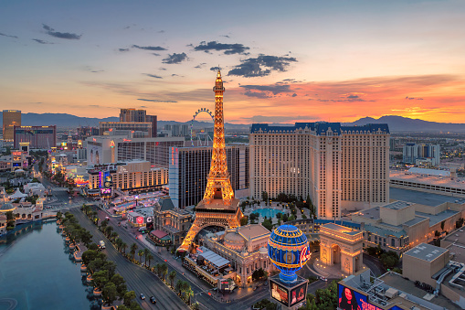 Aerial view of Las Vegas strip at sunrise on July 24, 2018 in Las Vegas, Nevada. Las Vegas is one of the top tourist destinations in the world.