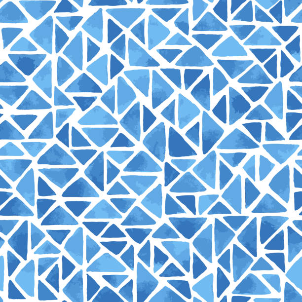 ręcznie malowane mozaikowe tło z trójkątami w kolorze niebieskim. bezszwowy wzór wektorowy - stained glass backgrounds pattern abstract stock illustrations