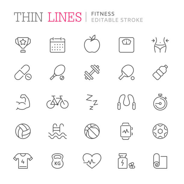 Collection of fitness related line icons. Editable stroke Collection of fitness related line icons. Editable stroke gym icons stock illustrations