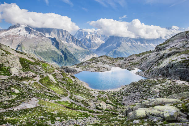 istock Alpine Lake and Snowy Mont-Blanc Mountains Range on a Sunny Summer Day 1030897030