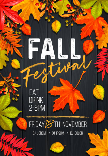 Seasonal autumn banner Seasonal fall festival poster or flyer with autumn foliage of maple, oak, elm, chestnut and autumn berries on wooden background. autumn stock illustrations