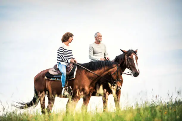 Photo of A senior couple riding horses in nature.