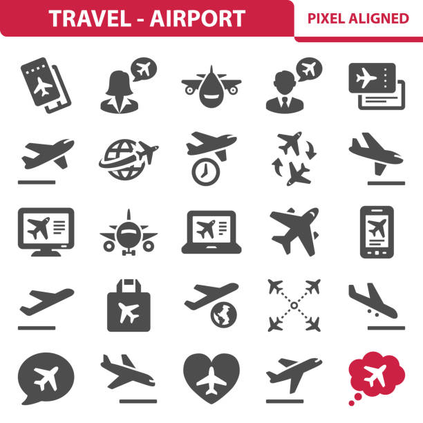 ilustraciones, imágenes clip art, dibujos animados e iconos de stock de viajes - aeropuerto los iconos - global business taking off commercial airplane flying