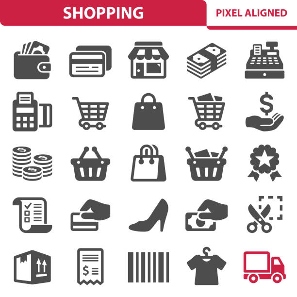 ilustraciones, imágenes clip art, dibujos animados e iconos de stock de iconos de compras  - shopping