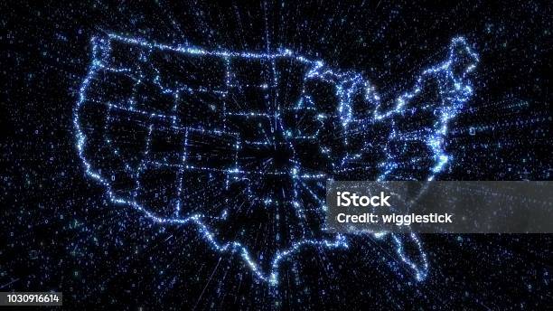 Brillando Mapa Digital De Estados Unidos Con La Explosión De Datos Binarios Foto de stock y más banco de imágenes de EE.UU.