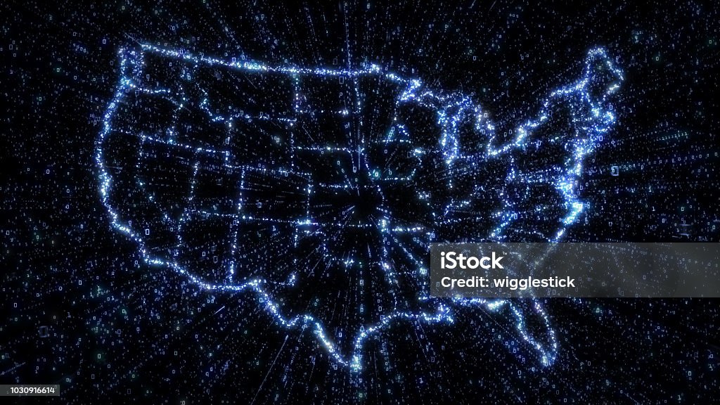 Glowing digital map of USA with exploding binary data Outline map of US states in glowing blue with exploding streams of binary data illustrating communication, internet and technology USA Stock Photo