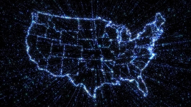 świecąca cyfrowa mapa usa z eksplodującymi danymi binarnymi - unites states of america zdjęcia i obrazy z banku zdjęć