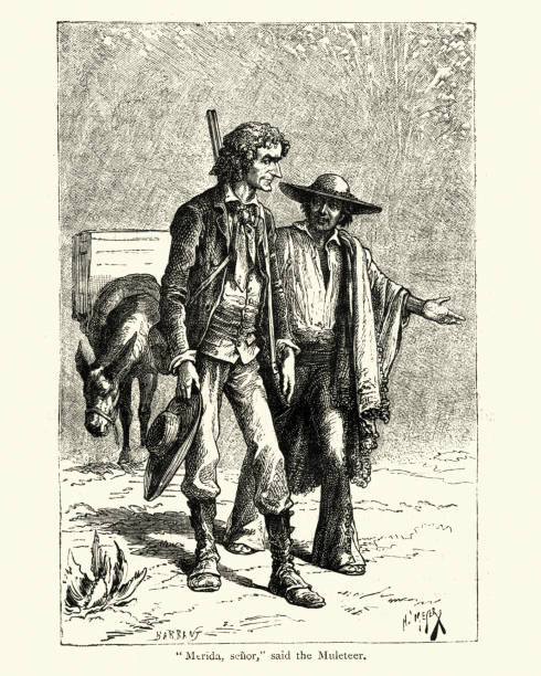 Explorer and his guide, Yucatan, Mexico, 19th Century Vintage engraving of a Explorer and his guide, Yucatan, Mexico, 19th Century mexican mule stock illustrations
