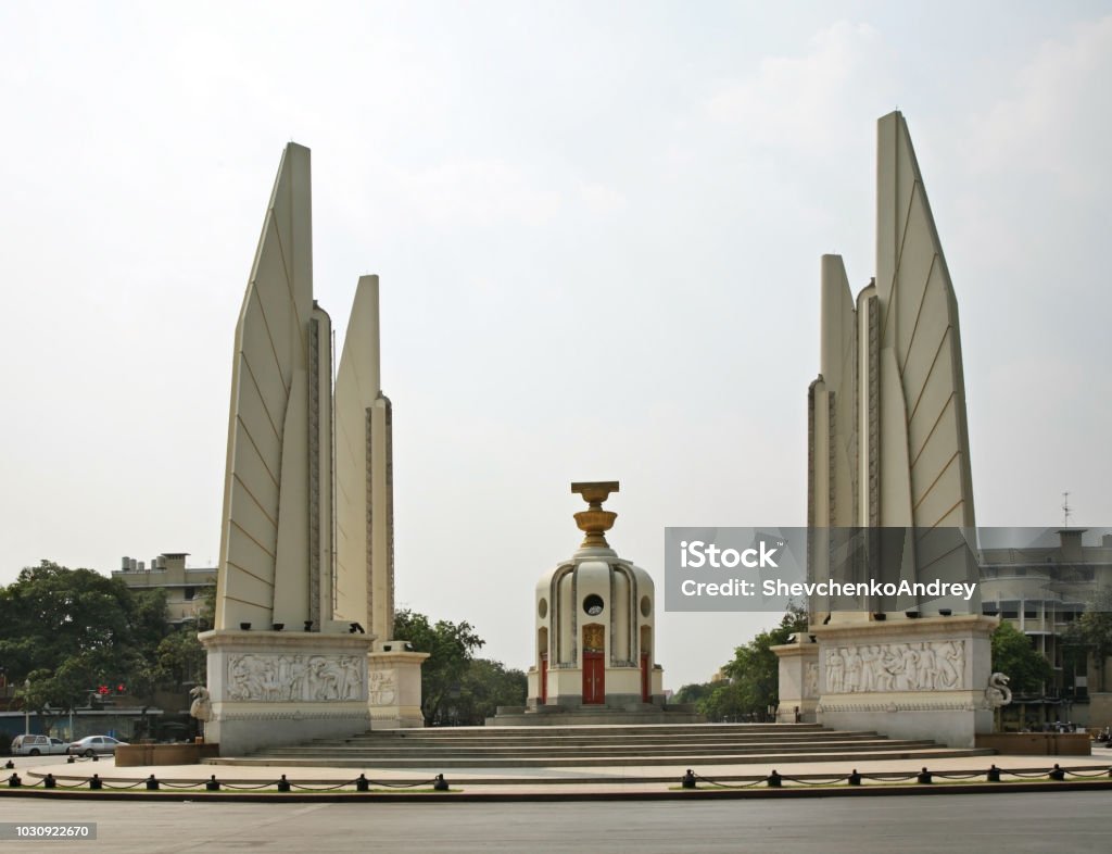 Democracy Monument at Kilometre zero in Bangkok. Kingdom of Thailand Architecture Stock Photo
