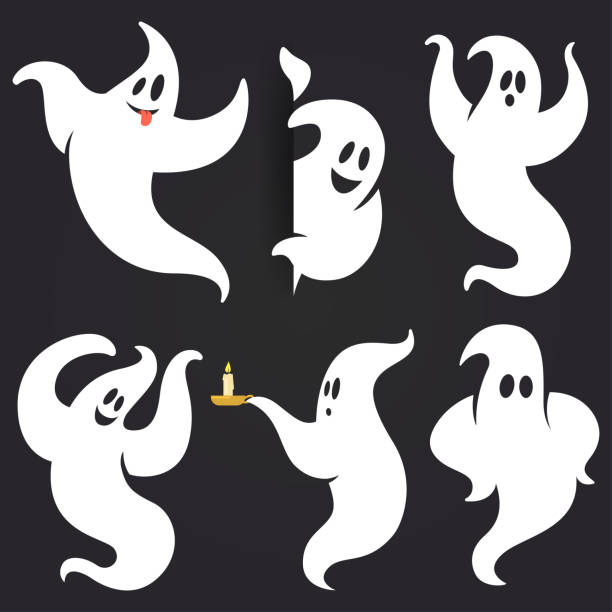 ilustrações, clipart, desenhos animados e ícones de fantasma de halloween engraçado conjunto em poses diferentes. branco voando silhueta fantasma medonho isolada em fundo escuro. elemento festivo tradicional para seu projeto. ilustração em vetor. - espectro