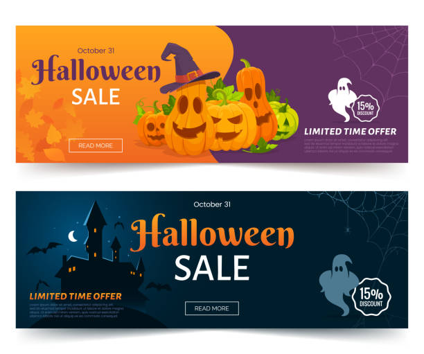 Halloween sale promo web banner. Colorful halloween coupons with spooky pumpkins, castle and ghsots. Festive advertising coupon. Vector illustration. Halloween sale promo web banner. Colorful halloween coupons with spooky pumpkins, castle and ghsots. Festive advertising coupon. Vector illustration. happy halloween banner stock illustrations