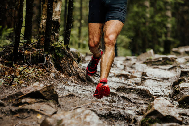 athlète de coureur de mouiller les pieds en cours d’exécution sur les pierres du sentier en forêt - courir sous la pluie photos et images de collection
