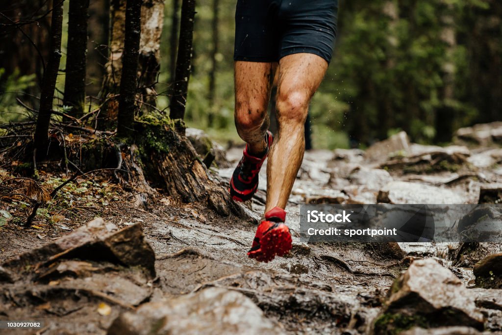 wet feet runner athlete running on trail stones in forest Running Stock Photo