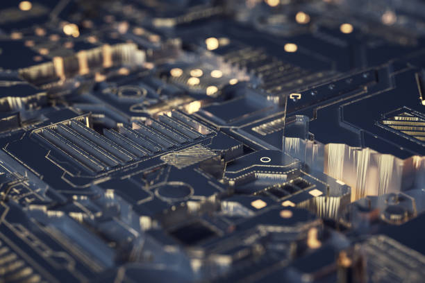 istock 3d rendering, Circuit board and gold glow chip 1030929824