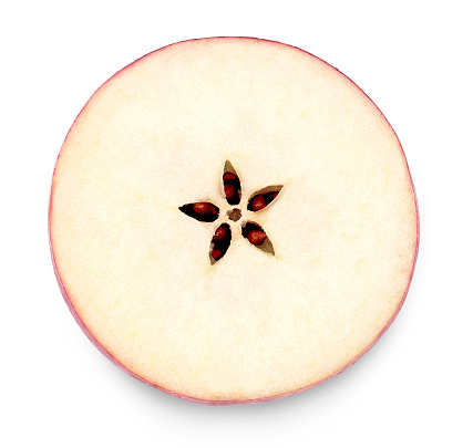 Apple element or part of a cut apple. Top view, cross section of a red apple, isolated on white background.