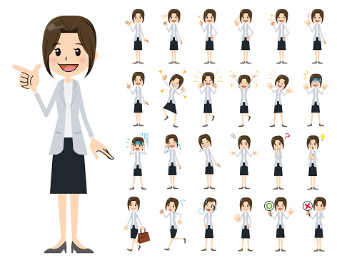It is a character set of a business women. There are basic emotional expression and pose. It's vector art so it's easy to edit.
