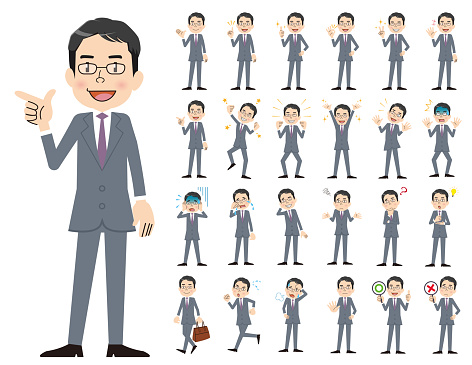 It is a character set of a businessman. There are basic emotional expression and pose. It's vector art so it's easy to edit.