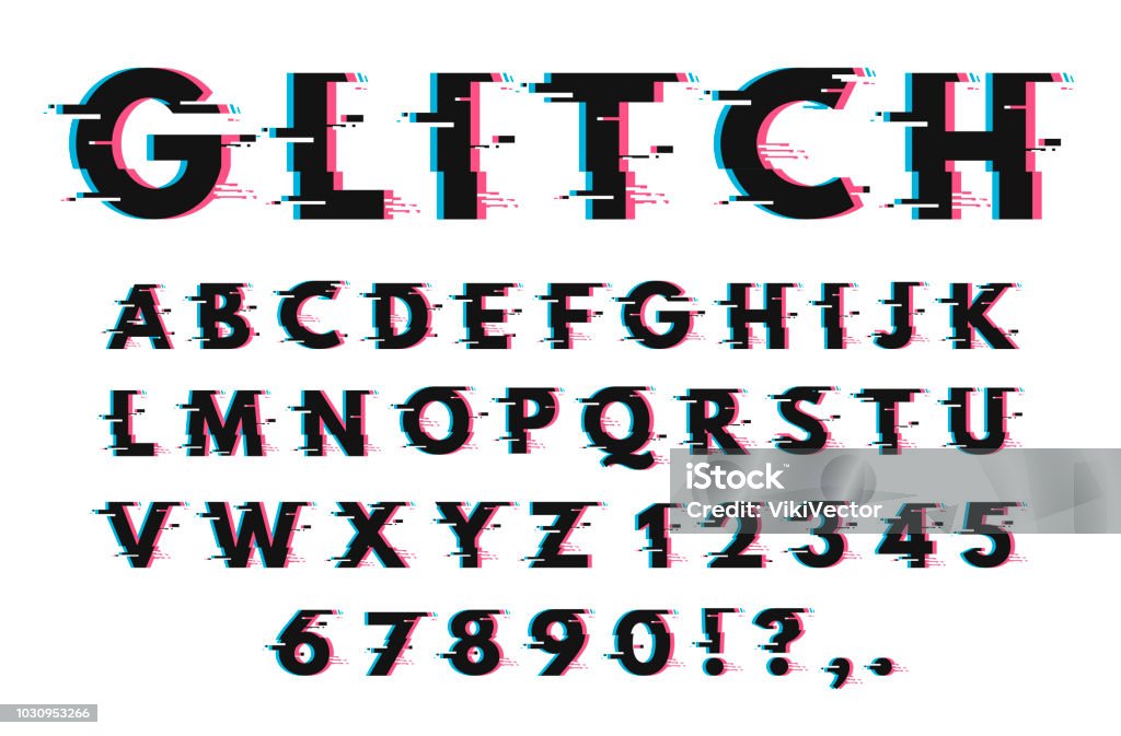 Glitch font set Glitch font set. Letterst and numbers with temporary malfunction or fault of equipment effcect. Vector illustration on white background Problems stock vector