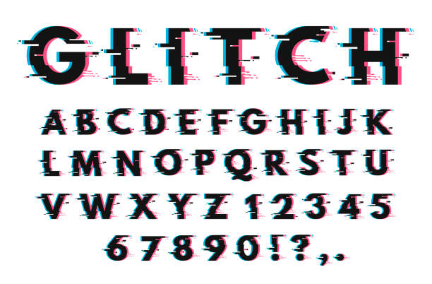 Glitch font set Glitch font set. Letterst and numbers with temporary malfunction or fault of equipment effcect. Vector illustration on white background distorted font stock illustrations