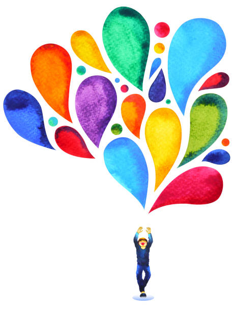 fröhlicher junge macht kopf bunten ballon farbe aquarell abbildung hand gezeichnet - balloon child people color image stock-grafiken, -clipart, -cartoons und -symbole