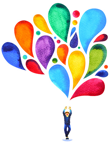 happy boy power mind colorful balloon color watercolor painting illustration hand drawn