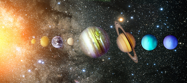 Planets of the solar system. Sun, Mercury, Venus, Earth, Mars, Jupiter, Saturn, Uranus, Neptune. Galaxy, nebulae, stars. Outer space.  Wide format. Elements of this image furnished by NASA