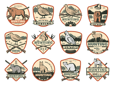Hunter club or hunting society badges with wild animals and hunt ammo guns and traps. Vector African Safari buffalo, grouse or woodcock bird, wolf and fox or lynx and bear for open season adventure