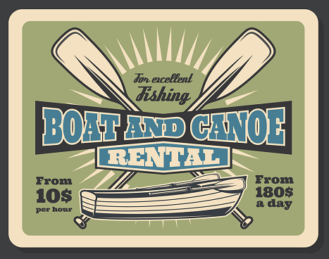 Fishing equipment rental advertisement poster with fisher boat or canoe. Vector vintage design of wooden boat with paddles and price for fisherman sport trip or fish catch adventure