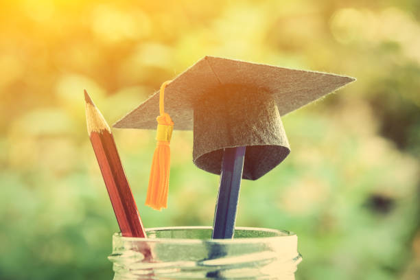 istock Education is the most powerful weapon or knowledge is power concept : Black graduation cap or hat with orange tassel on a pencil in a clear glass bottle, a red pencil with sharp tip points upward. 1030985948