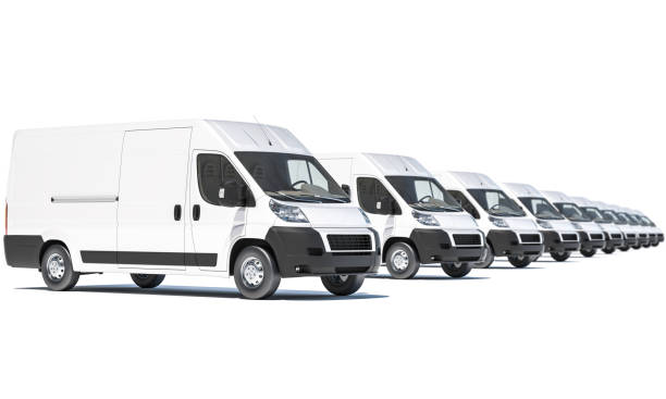 White Delivery Vans in a Row on White Background 3D Rendering transporter stock pictures, royalty-free photos & images