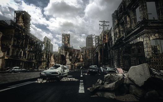 Digitally generated accurate scene of destroyed city/post nuclear city scene with ruined architecture.

The scene was rendered with photorealistic shaders and lighting in Autodesk® 3ds Max 2016 with V-Ray 3.6.
