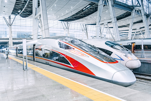 Beijing, China - April 18, 2018: View of Modern High speed Bullet trains in Beijing south train station, China
