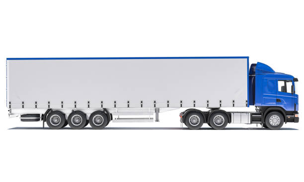 Semi Trailer Truck with Blue Cabin on White Background stock photo