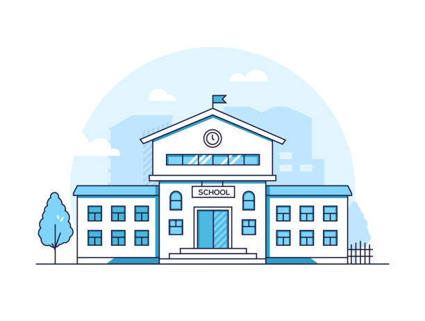 School building - modern thin line design style vector illustration School building - modern thin line design style vector illustration on white background. Blue colored high quality composition with a facade of educational institution, tree. Urban architecture school building stock illustrations