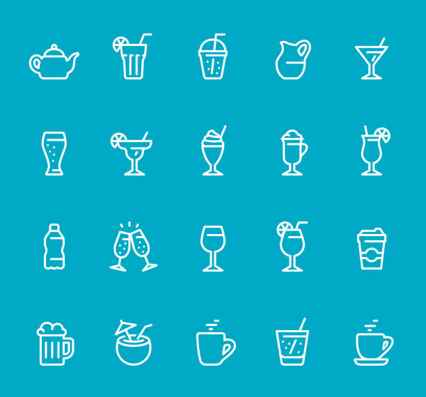 ilustraciones, imágenes clip art, dibujos animados e iconos de stock de bebidas y alcohol - conjunto de iconos de línea - cocktail orange cup juice