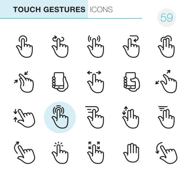 Touch Gestures - Pixel Perfect icons 20 Outline Style - Black line - Pixel Perfect - Touch Gestures icons / Set #59 /
Icons are designed in 48x48pх square, outline stroke 2px.

First row of outline icons contains: 
Tap Button, Back Arrow Gesture,  Press Gesture, Undo Gesture, Multi-Finger Tap Gesture;

Second row contains: 
Zoom in Gesture, Holding Mobile Phone, Sliding, Holding Mobile Phone (Thumb), Zoom Out Gesture;

Third row contains: 
Pinch, Tapping, Dragging, Double Finger Scroll, Double Finger Dragging; 

Fourth row contains: 
Flick Up , Tap (Click), Drag Gesture, Palm of Hand (Stop Gesture), Flick Down.

Complete Primico collection - https://www.istockphoto.com/collaboration/boards/NQPVdXl6m0W6Zy5mWYkSyw sliding down stock illustrations