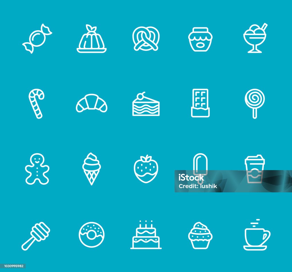 Sweets - line icon set Pixel Perfect - Isolated on Blue - Icon Set #61
Icons are designed in 48x48pх square, outline stroke 2px.

First row of outline icons contains: 
Hard Candy, Gelatin Dessert, Pretzel, Jam Jar, Flavored Ice Cream;

Second row contains: 
Candy Cane, Croissant,  Slice of Cake, Chocolate Bar, Lollipop;

Third row contains: 
Gingerbread Man,  Ice Cream Cone, Strawberry in Chocolate, Popsicle, Coffee Paper Cup; 

Fourth row contains: 
Honey Dipper, Donut, Birthday Cake, Cupcake, Coffee, Tea Cup.

Complete Bimico collection - https://www.istockphoto.com/collaboration/boards/t8tfiS1uqEecwP9AO9SJmw Icon Symbol stock vector