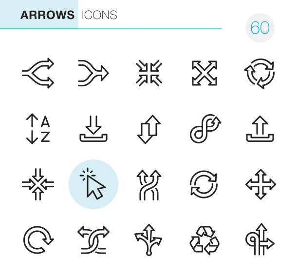 Arrows - Pixel Perfect icons 20 Outline Style - Black line - Pixel Perfect Arrows icons / Set #60 / Icons are designed in 48x48pх square, outline stroke 2px.

First row of outline icons contains: 
Separating Arrows, Merging Arrows, Zoom in, Zoom Out, Traffic Circle Arrows;

Second row contains: 
Alphabetical Order, Inbox - Filing Tray, Up and Down Arrows , Infinity Arrow , Outbox - Filing Tray;

Third row contains: 
Minimize icon, Navigation Arrows, Shuffling Arrows, Recycling Symbol, Mouse Cursor; 
 
Fourth row contains: 
Reload Arrow, Crossing Arrows, Variation (Choice) Arrows, Repetition Arrows, Traffic Arrow Sign.

Complete Primico collection - https://www.istockphoto.com/collaboration/boards/NQPVdXl6m0W6Zy5mWYkSyw variety stock illustrations