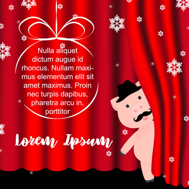 istock Vector Illustration. Red curtains and draperies . Cartoon pig with hat and Snow Ball. Background for New Year holidays 1030998514