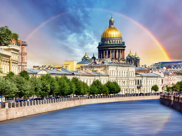 Photo of Saint Isaac Cathedral across Moyka river, St Petersburg, Russia