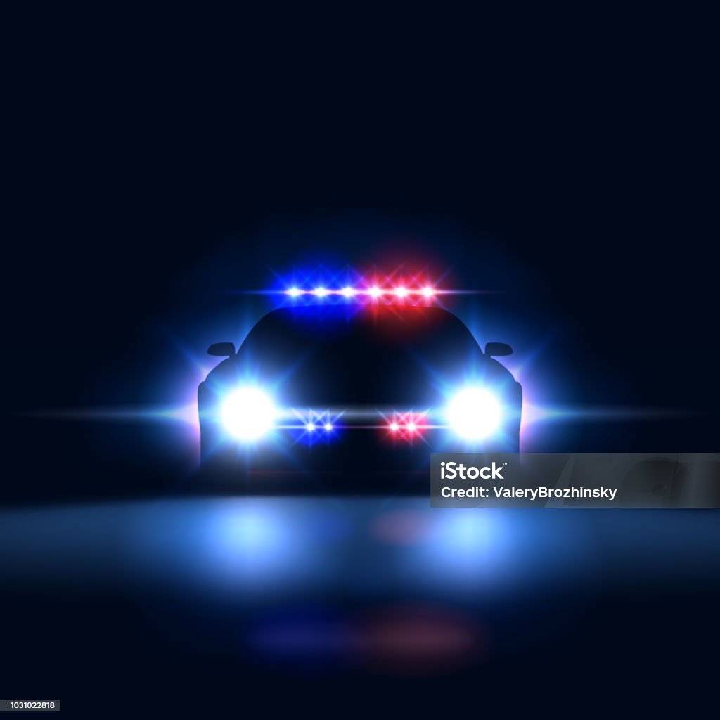 Polizei Auto Sheriff in der Nacht mit Blinklicht. Polizei Sicherheitspatrouille auf dem Auto im Dunkeln mit einer Sirene, Vektor-illustration - Lizenzfrei Polizeiauto Vektorgrafik