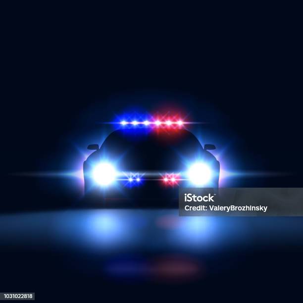 Police Car Sheriff At Night With Flashing Light Police Security Patrol On The Car In The Dark With A Siren Vector Illustration Stock Illustration - Download Image Now