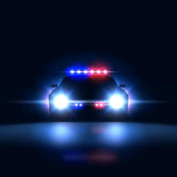 Vector illustration of Police car sheriff at night with flashing light. Police security patrol on the car in the dark with a siren, vector illustration
