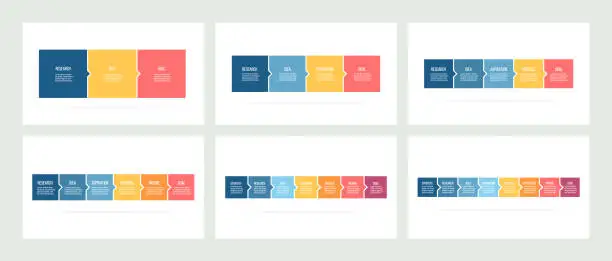 Vector illustration of Business infographics. Timelines with 3, 4, 5, 6, 7, 8 steps, options, squares. Vector templates.