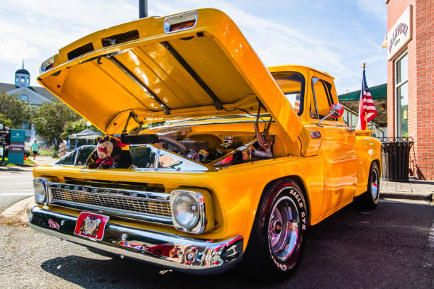 A restored classic Chevrolet pickup truck parked on display at the Matthews Auto Reunion stock photo