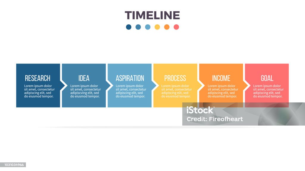 Infografías negocios. Línea de tiempo con 6 pasos, opciones, plazas. Plantilla de vector. - arte vectorial de Infografía libre de derechos