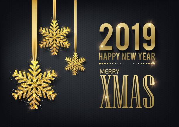 istock Greeting card, invitation with happy New year 2019 and Christmas. Metallic gold Christmas snowflake, decoration, shimmering, shiny confetti on a black background. Vector Illustration 1031042244